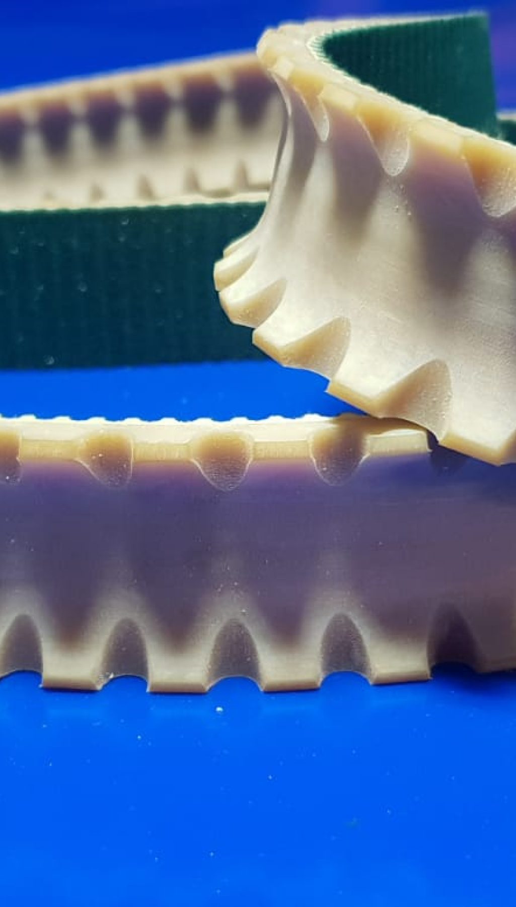 Correa dentada T5 con tejido NFT para transporte de embutidos, apta para aplicaciones alimentarias y disponible con recubrimiento de silicona metal detectable